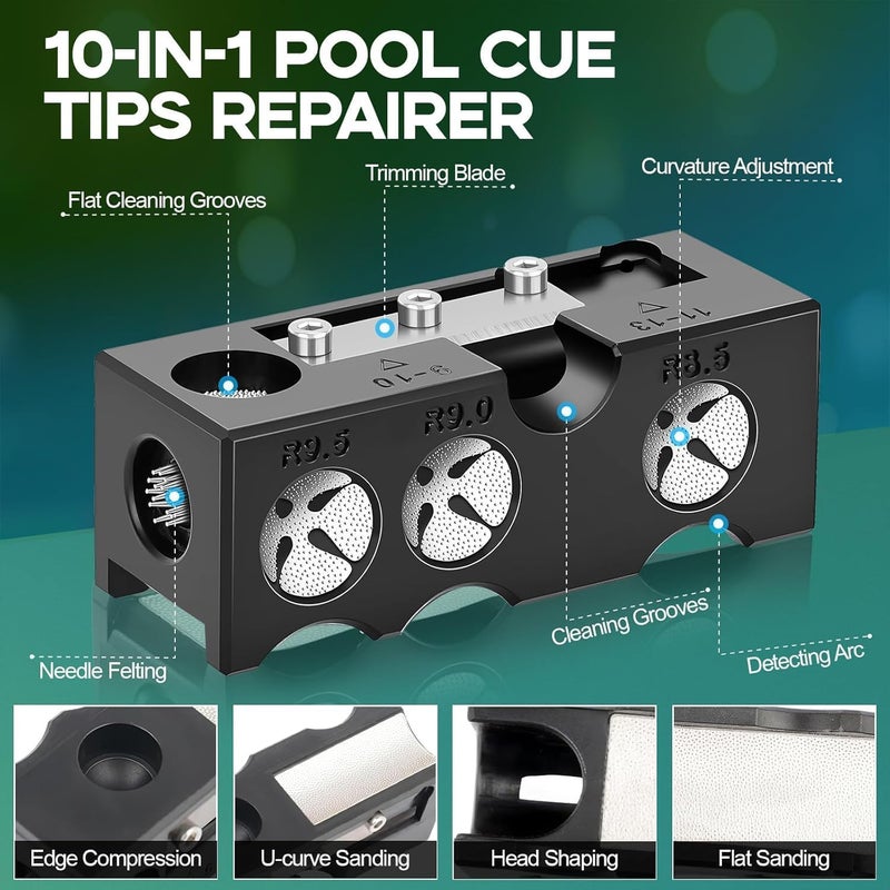 Krbnk 11-in-1 Billiards Pool Cue Tip Shaper, Pool Cue Tips Replacement Kit, Pool Cue Repair Kit, Pool Stick Tips Replacement Kit, Cue Tip Shaper Pool Cue Accessories - Image 2